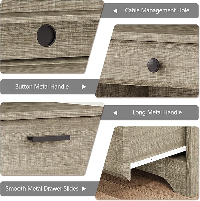 58 Inch Executive Desk with 5 Drawers, Wood Office Desk with File Cabinet, Wood Computer Desk with Hutch, Home Office Desk with File Drawers for Bedroom, Wash Grey