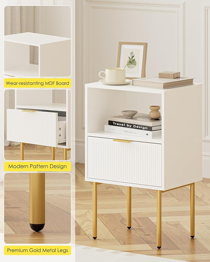 Masupu Night Stand, Mid-Century Bedside Table with Storage Drawer and Open Wood Shelf, Small Gold Frame Flueted Nightstand, Side Table for Bedroom, Living Room, White(Tall 25'')