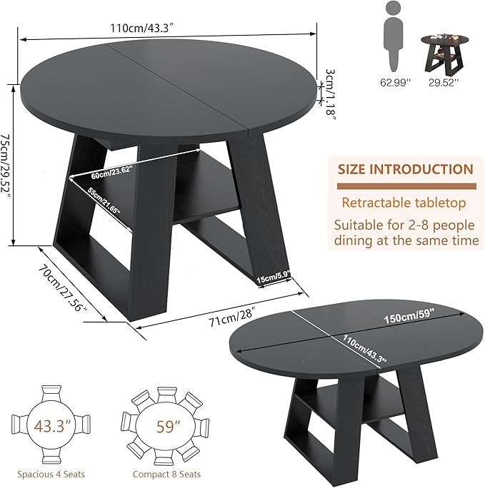 43.3in-59in Extendable Round Dining Table for 2-8,Modern Kitchen Oval Dining Table with Removable Leaves Space Saving,Wood Base with Storage Shelf for Kitchen Living Room (Black Style 2)