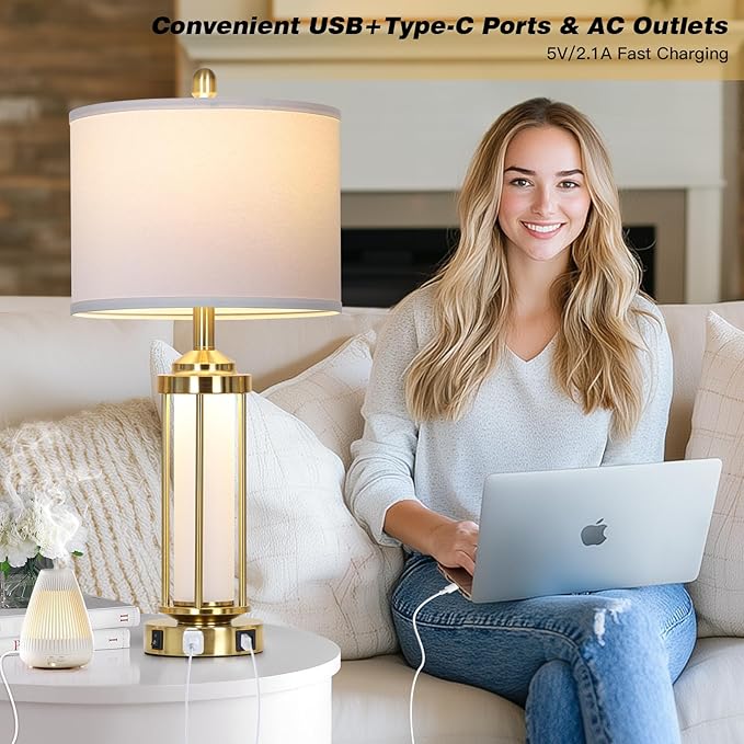 Modern Table Lamps, Gold 27" Industrial Table Lamp Set of 2 with USB A+C Charging Ports & AC Outlet, Farmhouse Rustic Beside Lamp for Living Room Bedroom Office End Table(4 LED Bulbs Included)