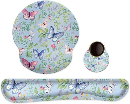 Ergonomic Keyboard Mouse Pad Wrist Rest Support Set for Laptop/Computer/Desktop,Memory Foam Hand Rest Wrist Cushion for Gaming/Office,Lightweight Comfortable & Pain Relief (Butterflies)