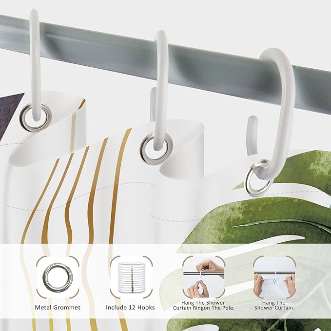 Glawry Boho Blue Green Shower Curtain Mid Century Abstract Tropical Palm Leaf Modern Minimalist Plant Botanical Bathroom Geometric 60Wx72L Inches Bath Accessories Art Home Decor Fabric 12 Pack Hooks