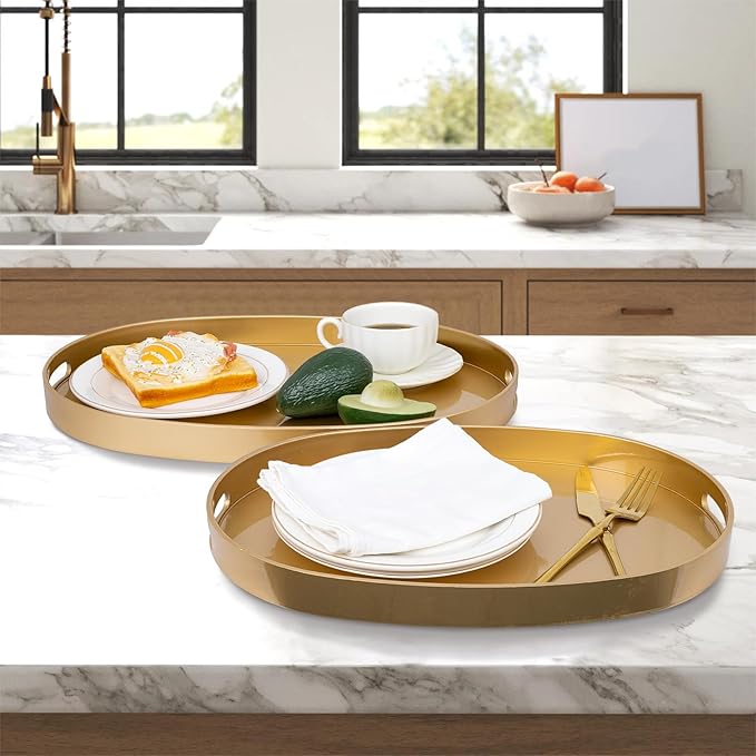 MAONAME Gold Serving Trays with Handles, Oval Decorative Trays for Coffee Table, Nesting Trays Set of 2, Plastic Vanity Trays for Ottoman, Living Room