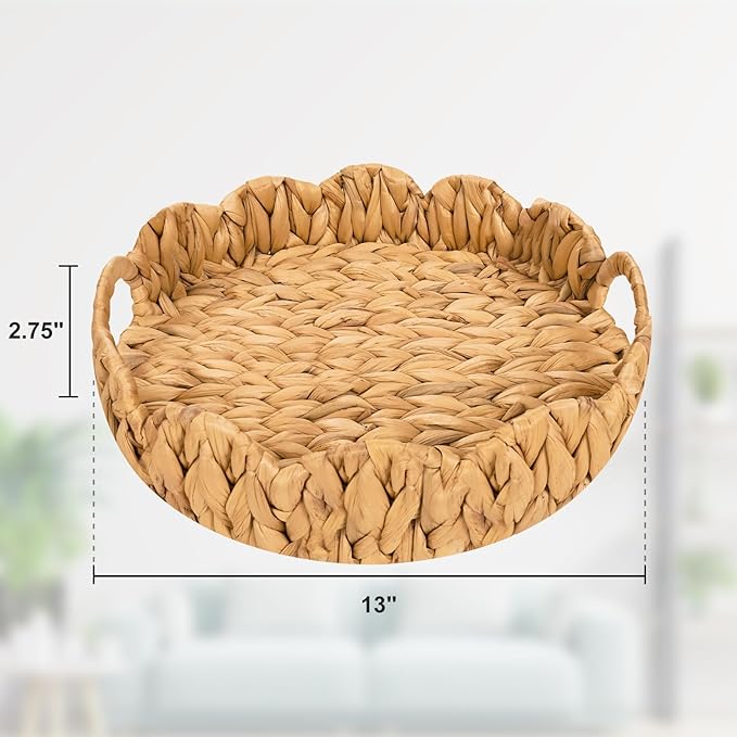 Livofloral Scalloped Edge Round Serving Tray, Handwoven Rattan Tray with Built-in Handles, Decorative Scalloped Basket Tray for Coffee Table, Water Hyacinth Wicker baskets for Ottoman