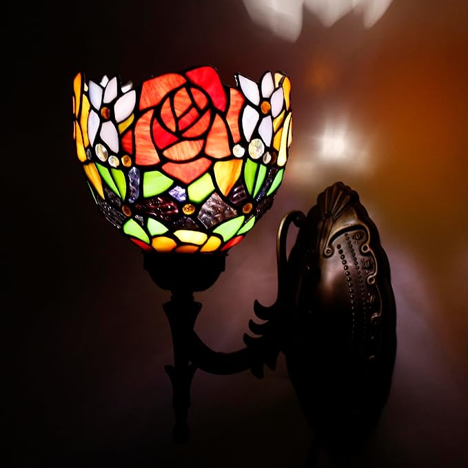 Tiffany Wall Sconce Lamp Blue Stained Glass Flower Style 6X10.5X11 Inch Plug in Wall Bedside Light for Hallway Bedroom (Red Rose Style)