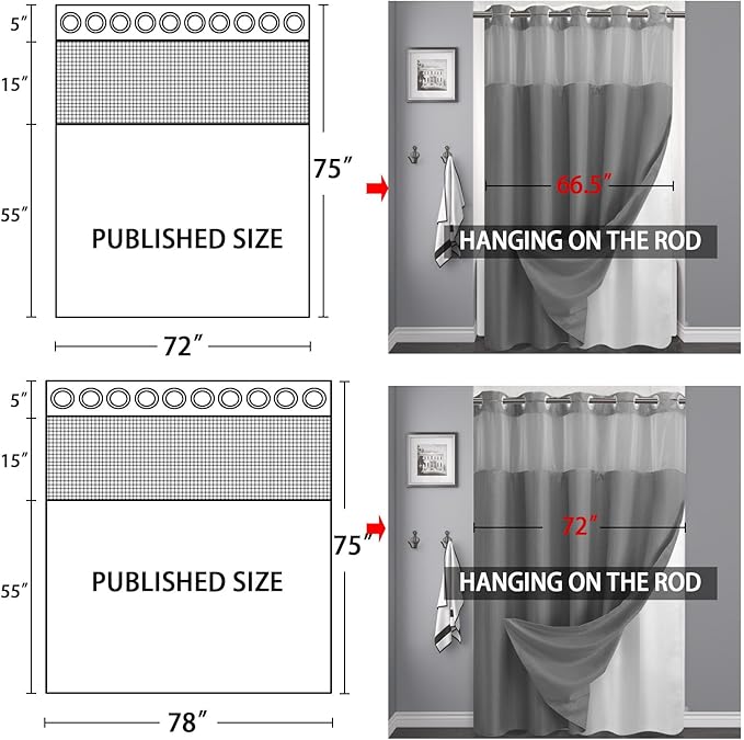 YellyHommy No Hook Shower Curtain with Snap in Liner Set Less Time Grey Waffle Shower Curtain for Bathroom 75" L x 78" W
