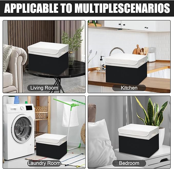 Large 17" 42 Quarts Collapsible Stackable Storage Bins with Lids [3-Pack] Foldable Fabric Linen Storage Boxes Cube, Closet Organizer Baskets with Label for Home (16.7 x 12 x 12", Black & White)