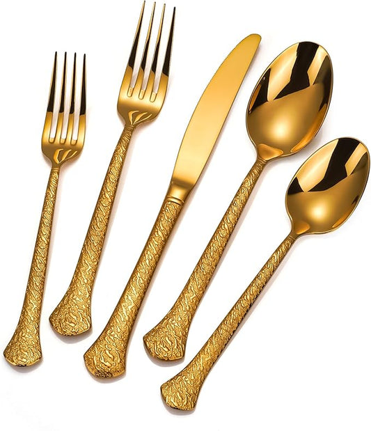 SuperCook 60-Piece Gold Hammered Flatware Set for 12, 18/10 Stainless Steel Silverware Set, Premium Heavy-Duty, Dishwasher Safe, Elegant Gift Idea