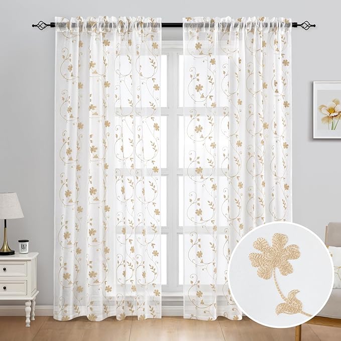 HOMEIDEAS Yellow Sheer Curtains 96 Inches Long 2 Panels Yellow and White Embroidered Floral Pattern Semi Sheer Window Curtains for Bedroom Living Room