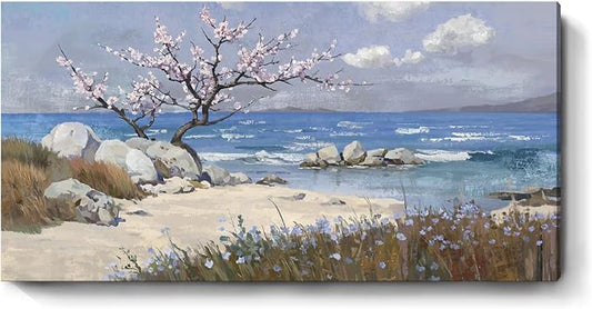 amatop Extra Large Coastal Canvas Wall Art for Living Room Abstract Blue Ocean Beach Seascape Picture Pink Flower Tree of Life Print Wildflower Botanical Nature Artwork Bedroom Office Decor 58x29 In