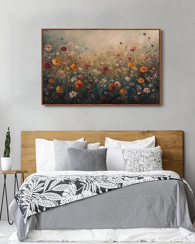 KISSFOX Vintage Framed Wall Art Farmhouse Dreamy Wildflower Field Canvas Art Colorful Daisy Floral Paintings Artwork Natural Rustic Art Prints For Bedroom Bathroom Living Room