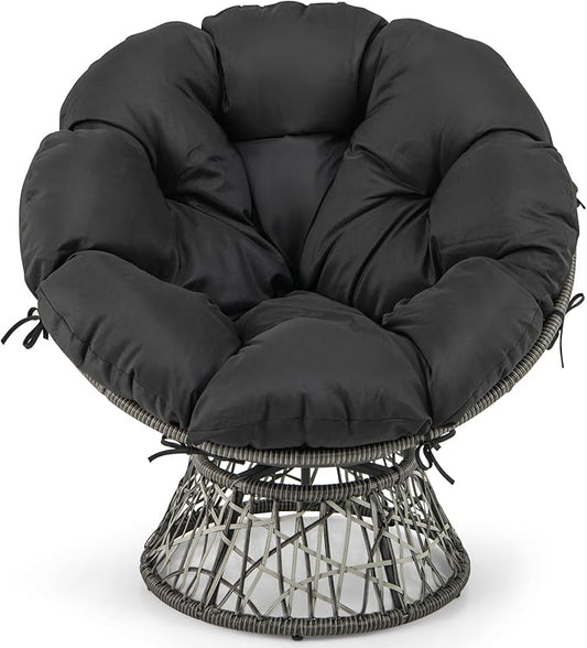 RELAX4LIFE Swivel Wicker Papasan Chair - 360° Rotatable Comfy Circle Chairs with Cushion and Frame for Indoor & Outdoor, Oversized Lazy Lounge Reading Chair for Bedroom, Living Room, Balcony, Patio