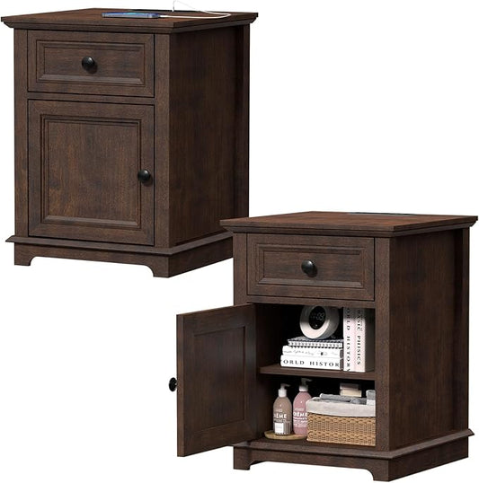 End Tables with Fast-Charge Sets, Side Tables with Drawers, Storage Side Tables Living Room, Adjustable Shelf, Bedroom Nightstands Set of 2, Cherry