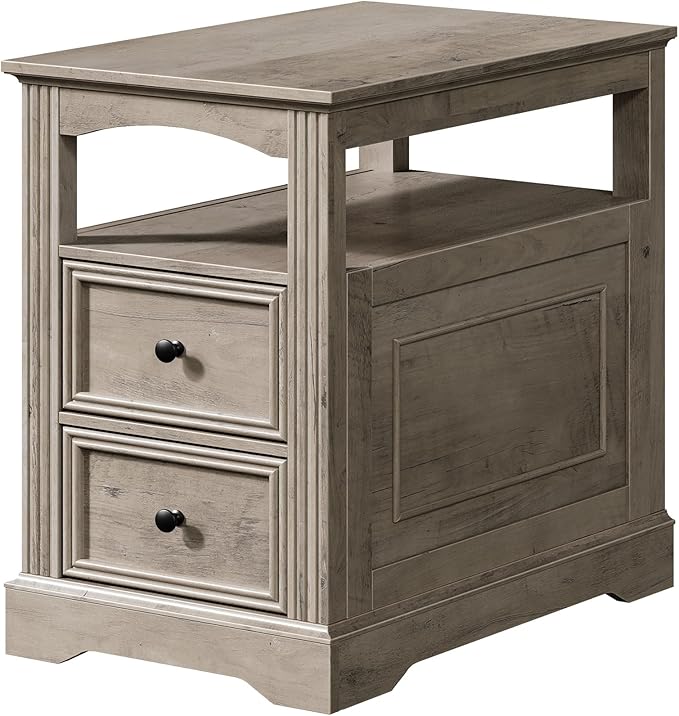 Farmhouse End Table Set of 2, Narrow Sofa Side Table with 2 Drawers and Open Shelf, Wooden Nightstand with Storage for Small Spaces, Bedroom, Living Room, Greige