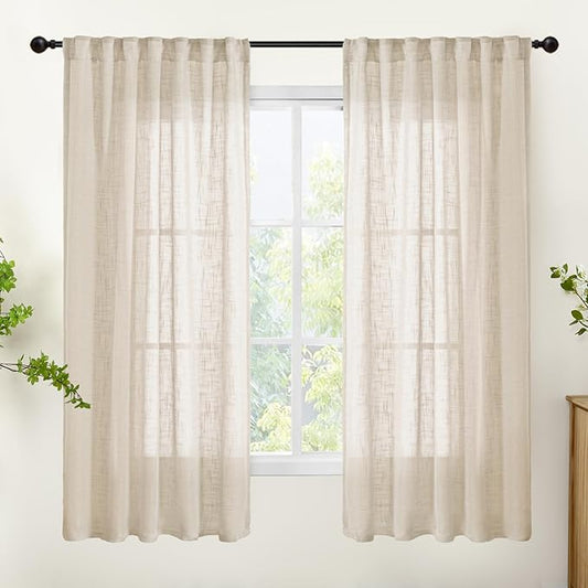 YoungsTex Oatmeal Linen Semi Sheer Curtains 63 Inch Length 2 Panels, Light Filtering Drapes Natural Textured with Rod Pocket Back Tab for Living Room Bedroom Window, 42 X 63 Inch