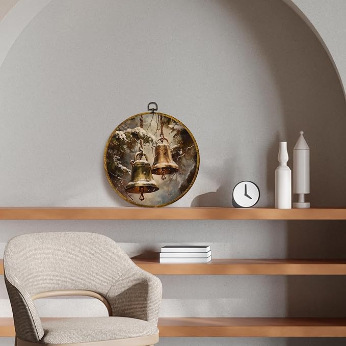 CUANFDDSF Vintage Winter Bells Round Wall Art Decor, Rustic Christmas Xmas Golden Bells Holiday Wall Hanging Frame Decor, Elegant Christmas Canvas Prints Decorations for Home Bedroom, 10x10 Inch