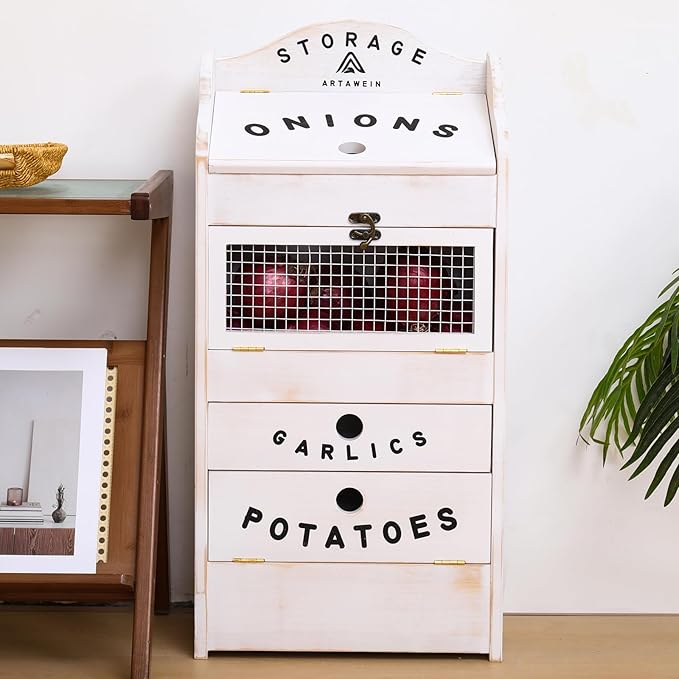 ARTAWEIN Pine Wood Veggie Bin for Potato, Onion and 1 Garlic Drawer Vegetable Box for Kitchen Storage, Solid Wood Vegetable Bin 13.77" L X 7.1" W X 29.3" H (Rustic White)