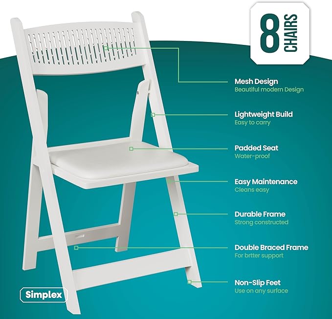 SIMPLEX White Stackable Folding Chairs with Padded Seat & Mesh Back, Padded Indoor/Outdoor Folding Chair, Lightweight Foldable Chairs, Weight Capacity 800LBs (8 Pack)