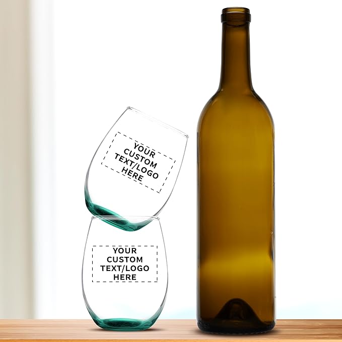 Custom Stemless Wine Glass 9 oz. Set of 50, Personalized Bulk Pack - Great for Wedding Favors, Bachelorette Party Decorations, Party Favors, Color Bottom - Green