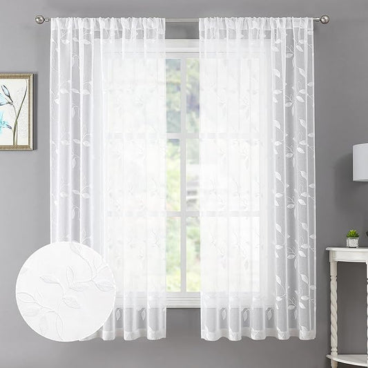 Tollpiz White Leaf Sheer Curtains Leaves Embroidered Living Room Short Curtain Rod Pocket Voile Window Treatments for Bedroom, 54 x 45 inches Long, Set of 2 Panels