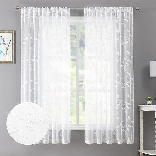 Tollpiz White Leaf Sheer Curtain Leaves Embroidered Bedroom Short Curtains Rod Pocket Voile Window Treatments for Living Room, 38 x 45 inches Long, Set of 2 Panels