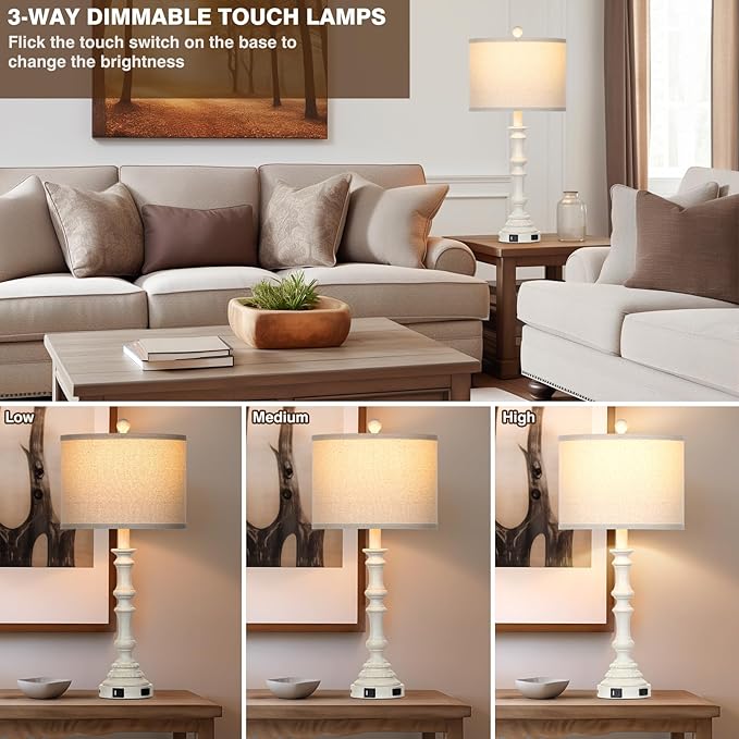 27.5" Farmhouse Table Lamps Set of 2 with USB C+A Ports & AC Outlet for Vintage Living Room Retro Bedroom,3-Way Dimmable Touch Lamp Resin Bedside Lamps for Nightstand Side End Table,White-1