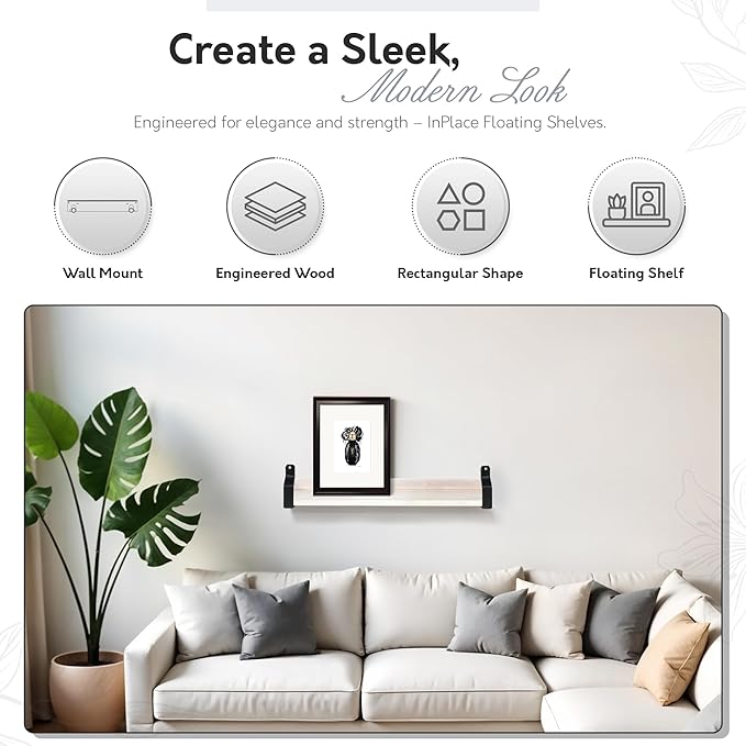 InPlace Wall Mounted Floating Shelf, Real Wood Industrial Bracket Ledge, 5" D x 48" W x 2.75" H, Distressed White, Heavy-Duty for Living Room, Bathroom, Kitchen, Office 9602118E