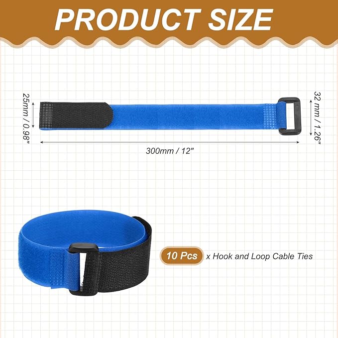 PATIKIL 12 x 0.98 Inch Reusable Cable Ties 10 Pcs Adjustable Hook and Loop Straps Cord Management Wire Wrap Cord Ties Organizer for Home Office Cables, Blue