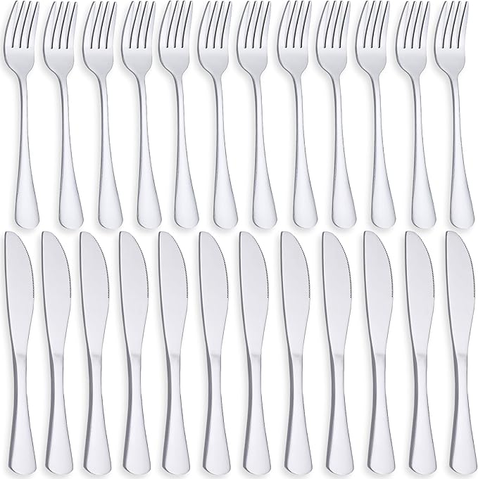 24 Piece Forks And Knives Set, Premium Stainless Steel Silverware Set - 12 Knives & 12 Forks for Home & Hotels, Mirror Polished & Dishwasher Safe(24 Pieces Cutlery Set for 12)