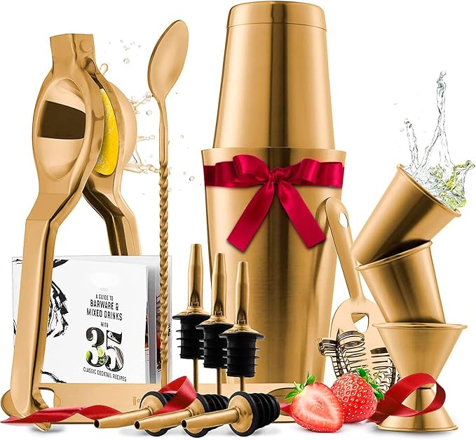 Bar Set Cocktail Shaker Set, Stainless Steel Mixology Bartender Kit, 16 Piece Cocktail Kit, Gold Cocktail Set, Bar Tools: 30oz Martini Shaker, Muddler, Bar Kit Cocktail Book, Jigger and Pourers