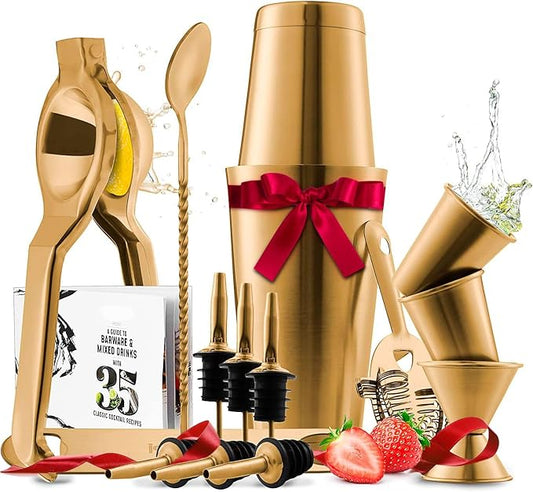 Bar Set Cocktail Shaker Set, Stainless Steel Mixology Bartender Kit, 16 Piece Cocktail Kit, Gold Cocktail Set, Bar Tools: 30oz Martini Shaker, Muddler, Bar Kit Cocktail Book, Jigger and Pourers