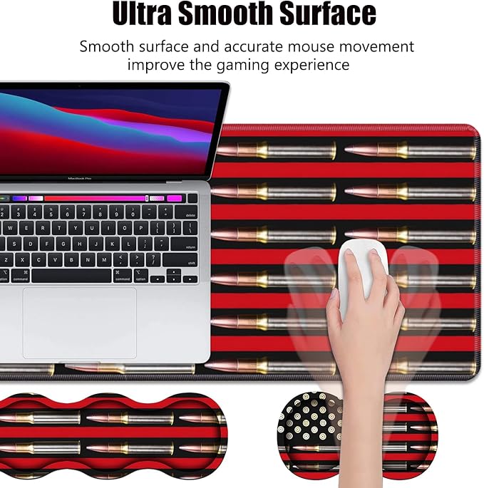 4 in 1 Ergonomic Memory Foam Mouse Pad Wrist Rest Set, Large XXL Gaming Desk Pad + Keyboard Wrist Rest + Mouse Wrist Cushion + Coaster for Home Office Study Gaming, American Flag & Bullets