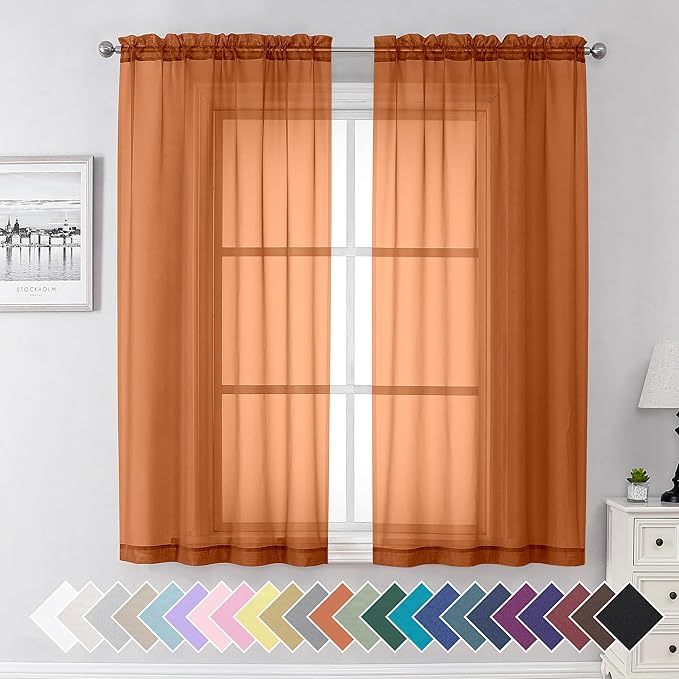 Aiyufeng Orange Sheer Curtains 63 Inch Length 2 Panels Set, Light Filtering Airy Rod Pocket Orange Window Curtain Treatment Drapes for Kitchen Bedroom Living, Each 40Wx63L Inches