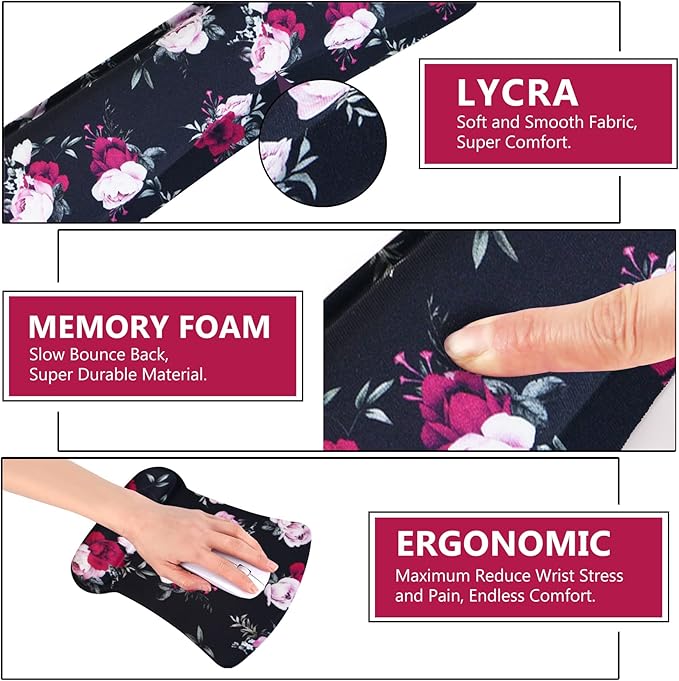 AIMSA Ergonomic Keyboard Wrist Rest and Mouse Pad with Wrist Support Set, Memory Foam Non-Slip Rubber Base, for Home, Office, Easy Typing, Pain Relief, Peony Flowers