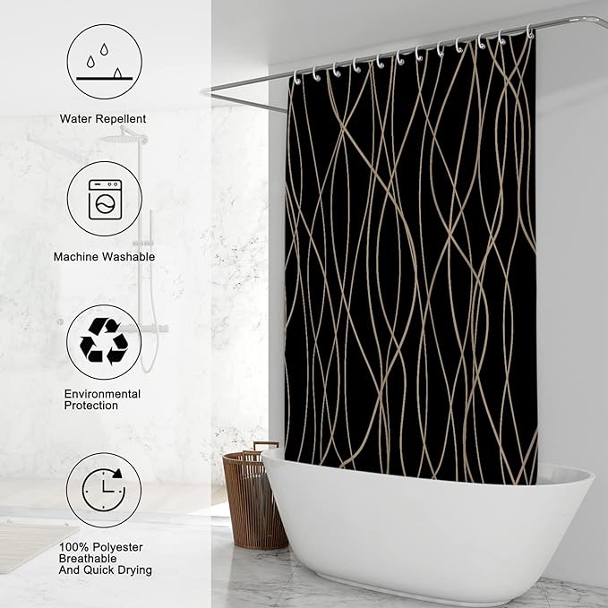 Punkray Black and Brown Striped Wavy Line Polyester Shower Curtain for Bathroom with Hooks, Weighted Hem, Waterproof Bath Accessories Hotel Style, 72 x 72