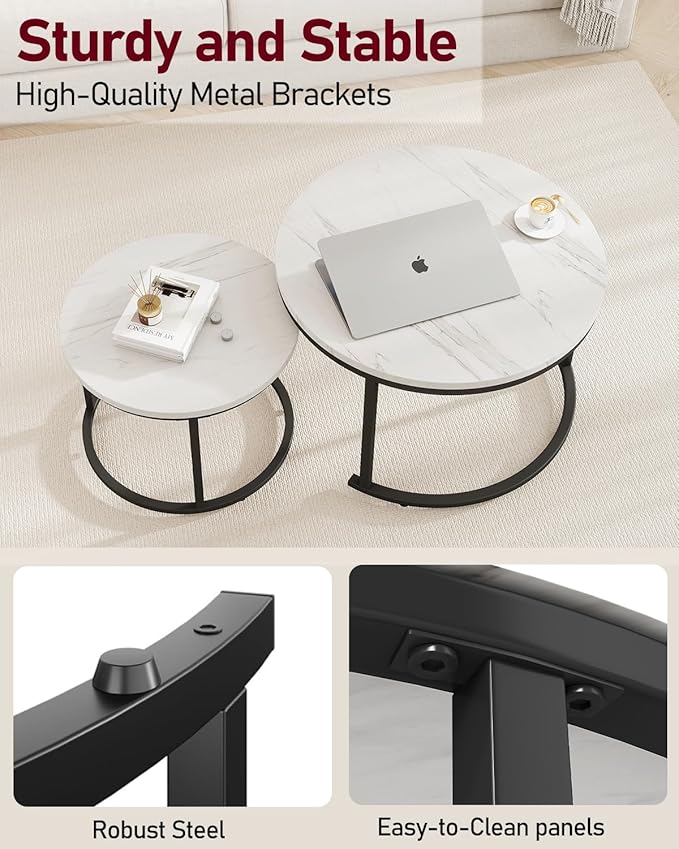 Round Nesting Coffee Table Set of 2, Black and White Faux Marble Top & Steel Frame, Modern Side End Tables for Living Room, Space Saving Accent Cocktail Table