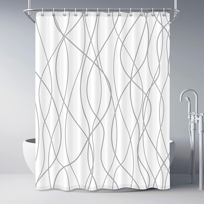 Punkray Polyester Shower Curtain Grey and White Striped for Bathroom with Hooks, Extra Long 84 Inches, Weighted Hem, Waterproof Bath Accessories Hotel Style - Machine Washable