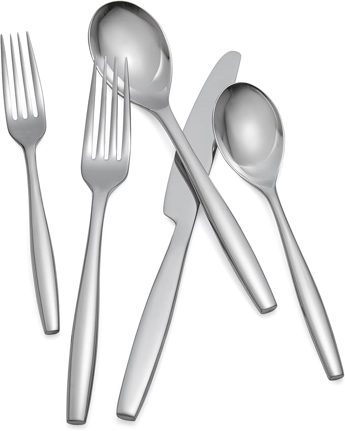 nambe Aidan Flatware Set, 45-Pc Set, 18/10 Mirror Stainless Steel Silverware Cutlery Set, Designed for Home Kitchens or Restaurants, Service for 8 and a 3pc Hostess Utensil Set, Dishwasher Safe