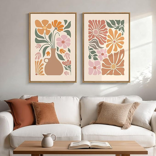 Framed Boho Neutral Floral Wall Art for Room Decor, Set of 2 Botanical Flower Artwork for Walls, Bohemian Modern Canvas Paintings Prints for Living Room Bedroom Office Kitchen Wall Decor, 20x30 Inch