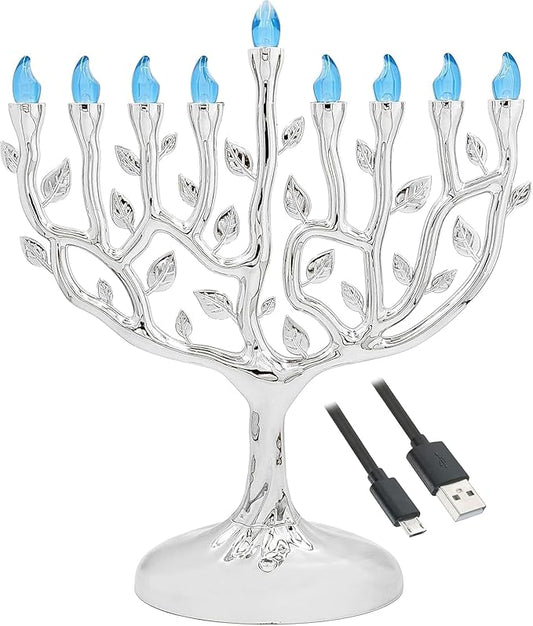 The Dreidel Company LED Electric Silver Hanukkah Tree of Life Menorah - Battery or USB Powered - Includes a Micro USB 4' Charging Cable (10-Pack)