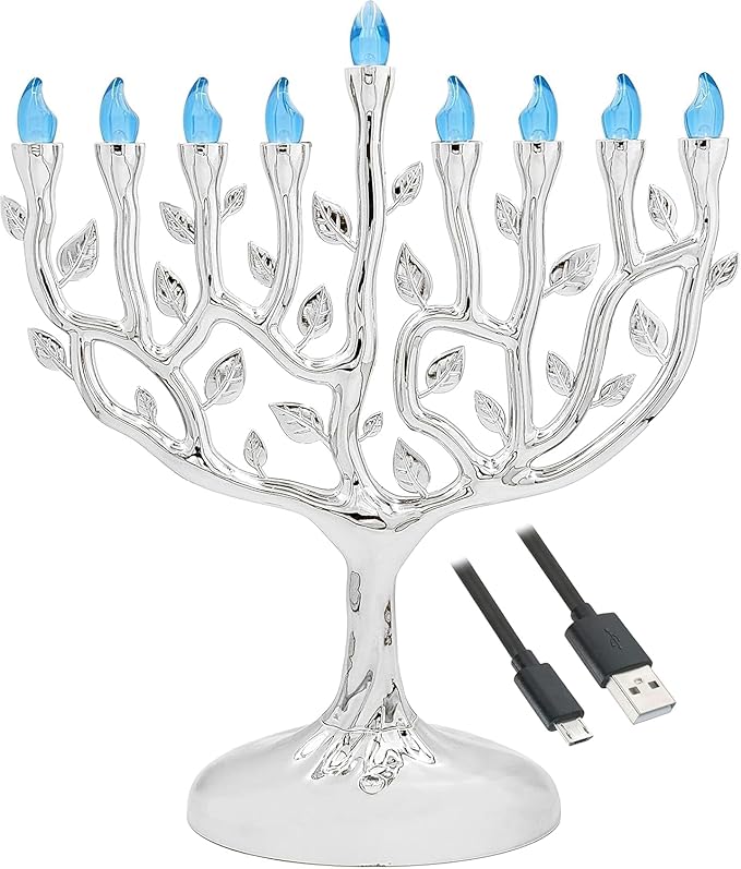 The Dreidel Company LED Electric Silver Hanukkah Tree of Life Menorah - Battery or USB Powered - Includes a Micro USB 4' Charging Cable (3-Pack)