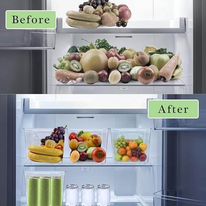 6 Pack 2-Size Plastic Storage Bins, Clear Refrigerator Drawer Organizer Containers with Handles, Stackable Pantry Organization Boxes for Home Kitchen Fridge Freezer Cabinet Bathroom
