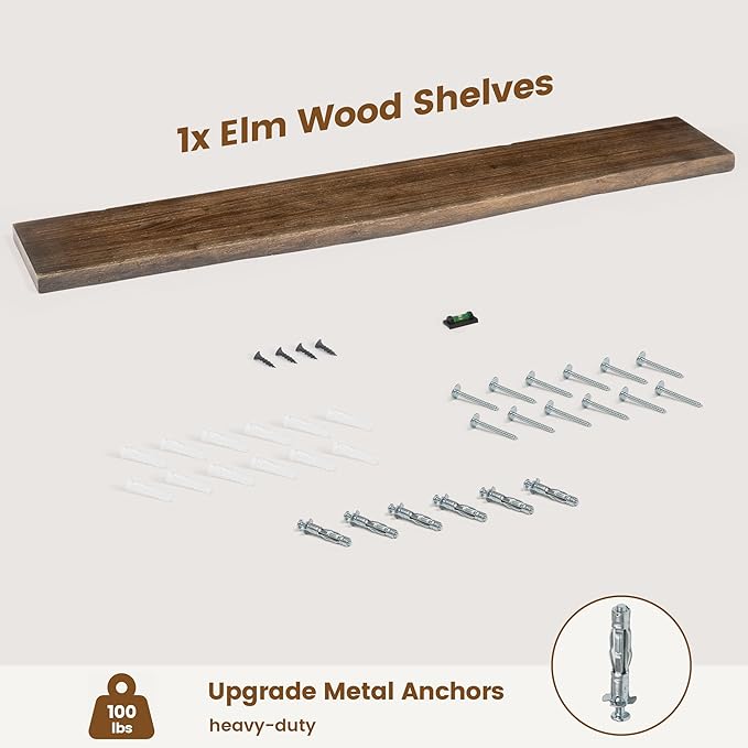 Rustic Elm Wood Floating Shelf for Wall, Live Edge 55"W x 9.2"D x 1.4"H, 1 Pack with Invisible Bracket, Large Wall Mounted Storage Shelf for Living Room Bedroom Kitchen Bathroom Decor, Walnut Finish