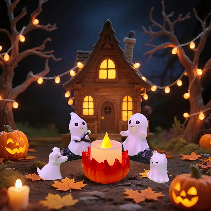 2025 Ghost Campfire Nightlight, Spooky Ghost Halloween Decorations Indoor, Cute Halloween Ghost Figurine, Funny Halloween Decor for Home Mantel Tabletop Party (with Cat and Dog)