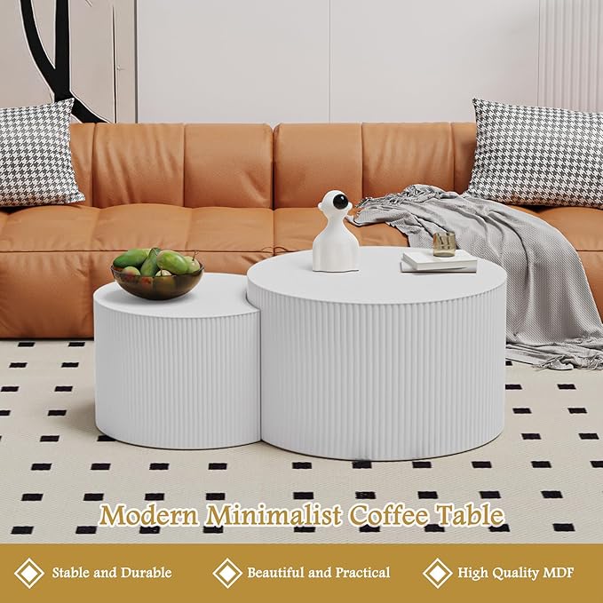 Round Coffee Table Set of 2 Modern Nesting Coffee Tables Wooden Drum Coffee Tables with Non-Slip Feet, Circle Nesting Tables End Table for Living Room Office, No Assembly (Cream 18.9"+14.96")