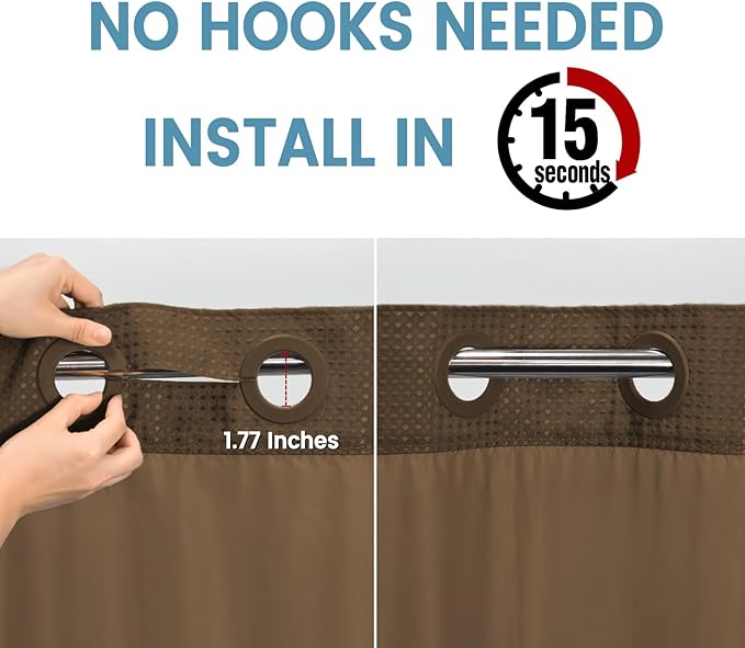 Brown No Hook Shower Curtain with Snap in Liner,230GSM Waffle Weave Shower Curtains for Bathroom,71W x 74H