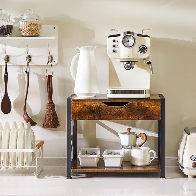 IBUYKE 2 Tier Desktop Printer Stand,Multi-Purpose Desk Organizer,Wooden Printer Stand with Drawer Storage for Folders,Books,for Fax Machine, Scanner,Home Office,Rustic Brown TLJ012H