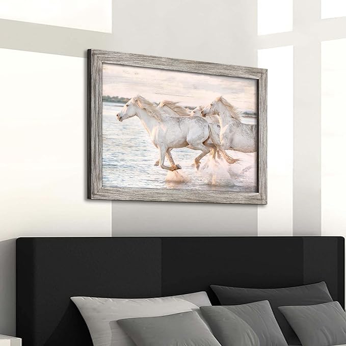 Horse Wall Art Picture Decor: Wild Animal Framed Wood Print White Horses Artwork Modern Galloping Wildlife Painting for Bedroom Living Room Bathroom 36 x 24 Inches