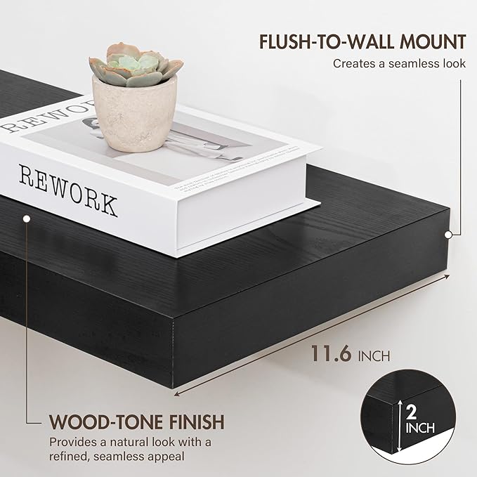 24 Inch Floating Shelves, 12" Deep Floating Shelf Wall Mounted, 24" Wall Shelves, Rustic Deep Bookshelf, Extra Deeper & Thicker Display Shelves for Bedroom, Living Room, Black, Set of 2