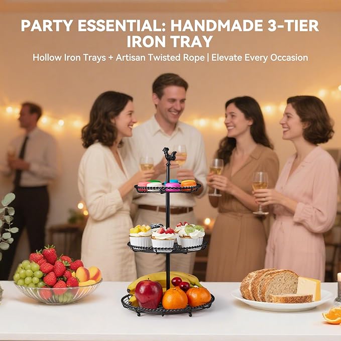 Openwork 3 Tiered Tray Stand, Vintage All-Iron 3 Tier Serving Tray with Hand - Twisted Edges & Chicken Top, Convertible Two Tiered Tray Stand for Home Kitchen Decor, Coffee Food Fruits Cupcakes